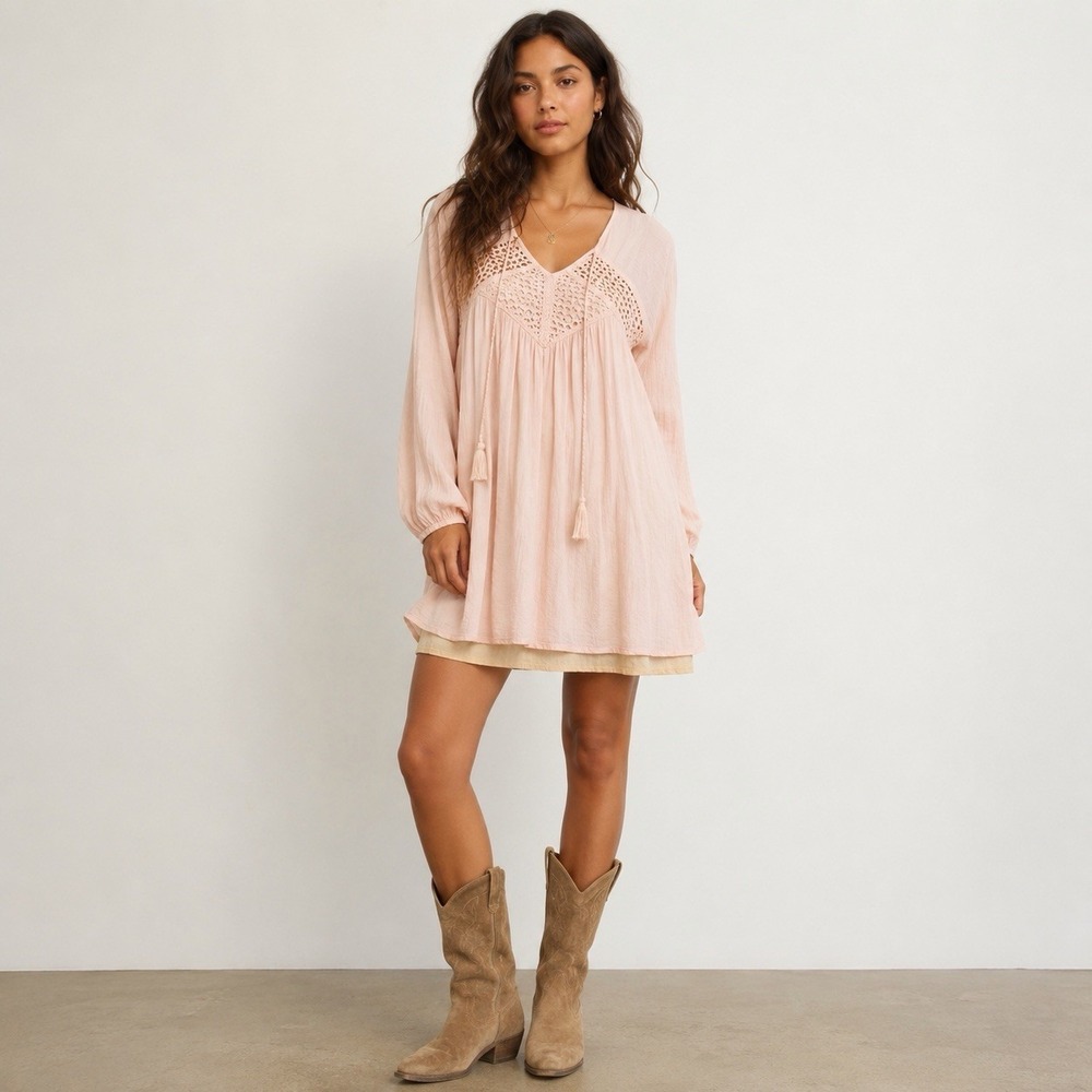 Purple Snow women's boho mini dress crochet lace pink long sleeve Small